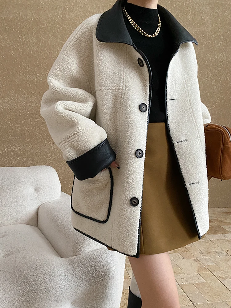 [LANMREM] Faux Fur Thick Warm Coats Lapel Single Breasted Office Lady Elegant Female Outwear Fashion 2024 Winter New 26C1095