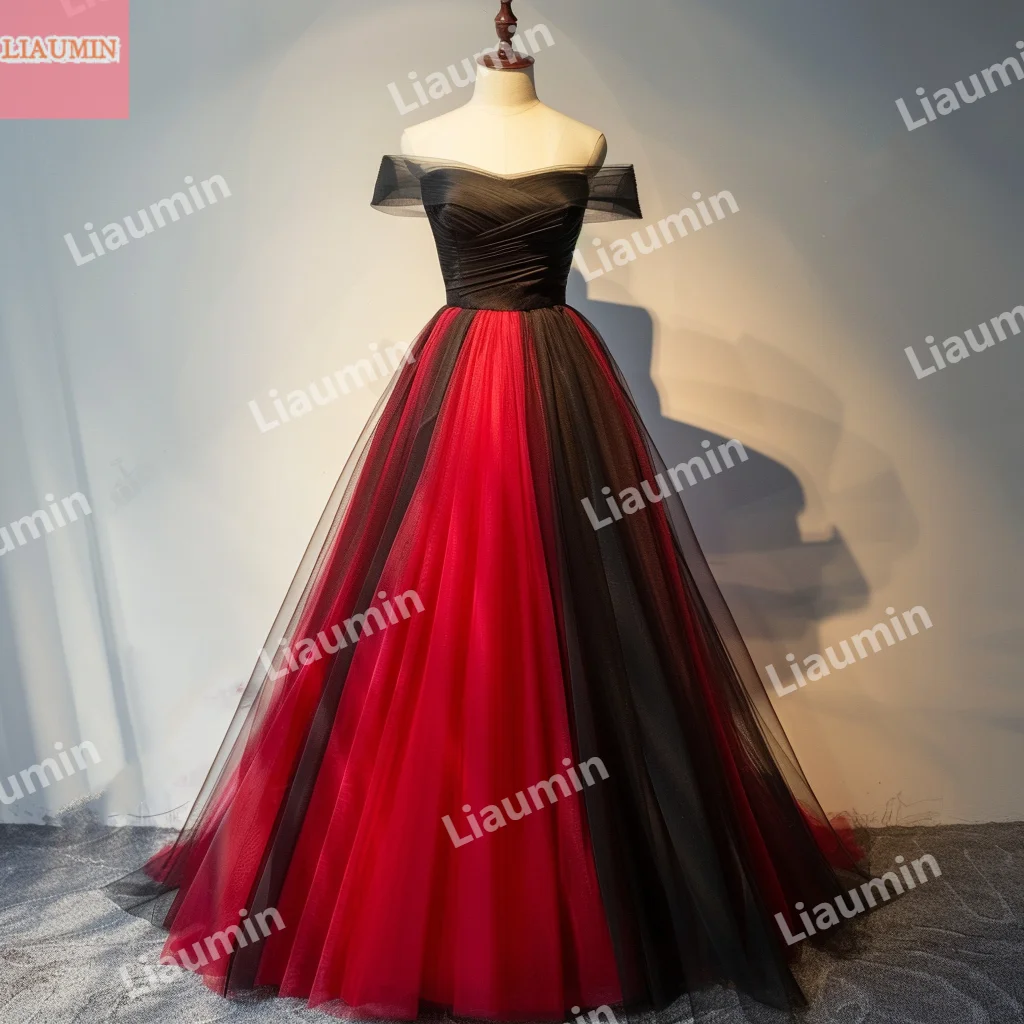 Simple Red And Black Tulle A Line Off The Shoulder Strapless Prom Dress Lace Up Back Evening Formal Party Clothing W15-51.16