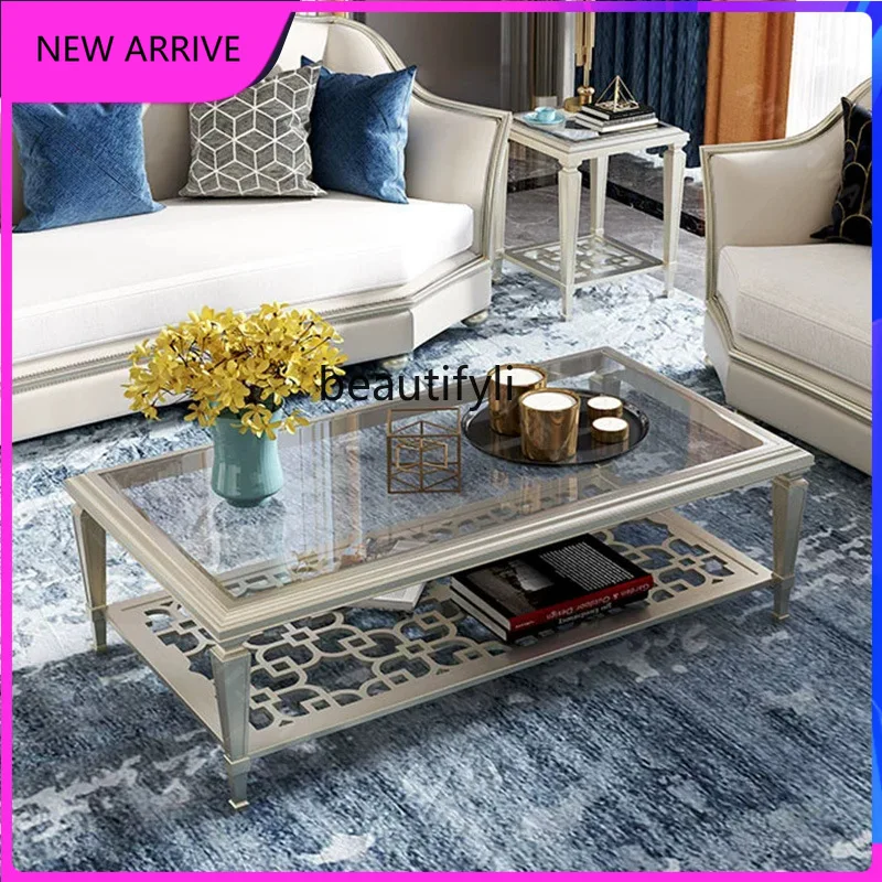 

C89 American light luxury solid wood coffee table living room tempered glass hollow creative rectangular tea table