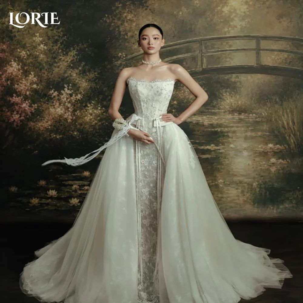 LORIE Appliques Boho Wedding Dress 3D Flowers Lace Detachable Train Sweetheat Bride Gown Customized Plus Backless Bride Dress