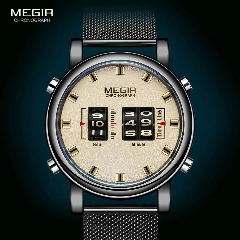 MEGIR 2020 New Luxury Watches Men Military Sport Roller Pointer Quartz Watch Man Fashion Stainless Steel Mesh Strap Wristwatch