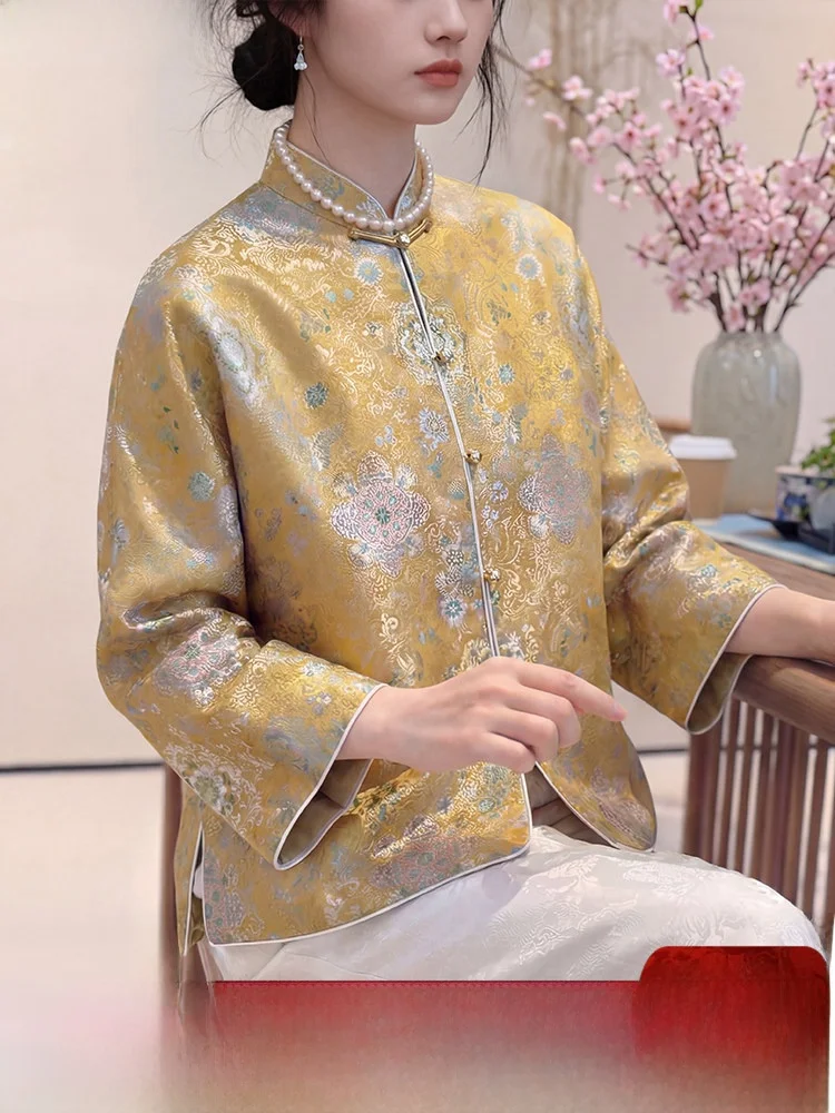 

Элитный шелковый женский топ с воротником-стойкой для ранней весны, новый китайский стиль, модный женский пальто-жакет