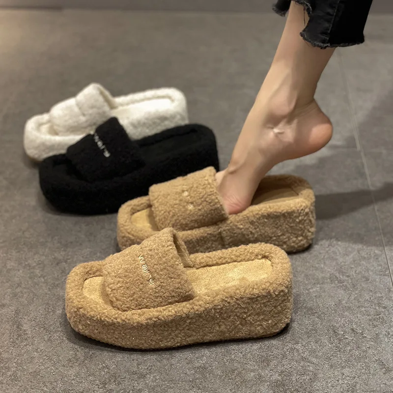 Thick Fluffy Fur Slippers 2023 New Women Winter House Warm Furry Slippers Women Flip Flops Home Slides Flat Indoor Floor Shoes