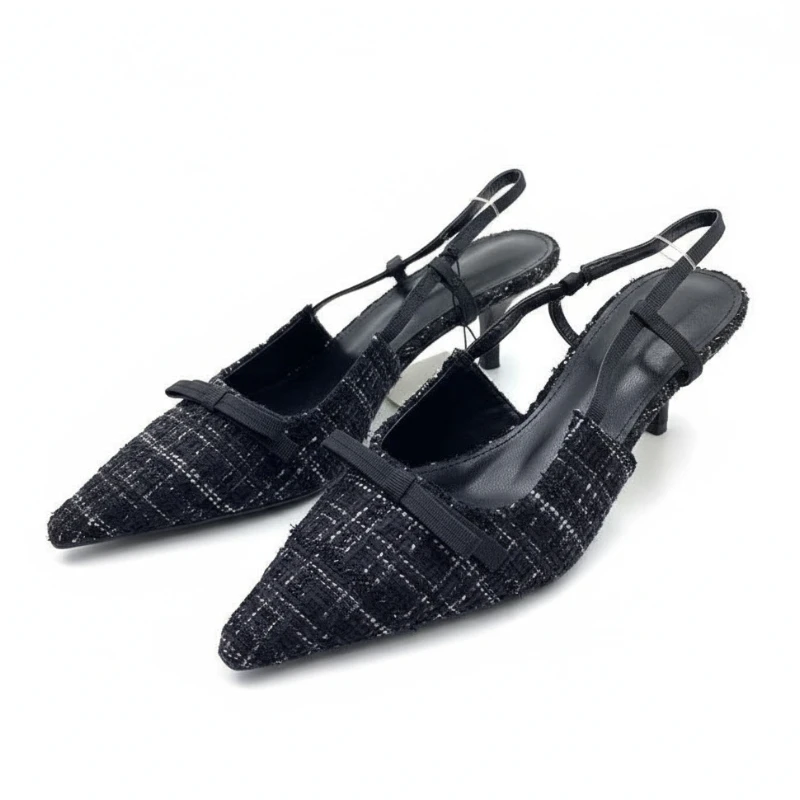 

Women's Comfortable Tweed Plaid Slingback Pumps Bow Decor Chunky Kitten Heels Pointed Toe Office Party Shoess