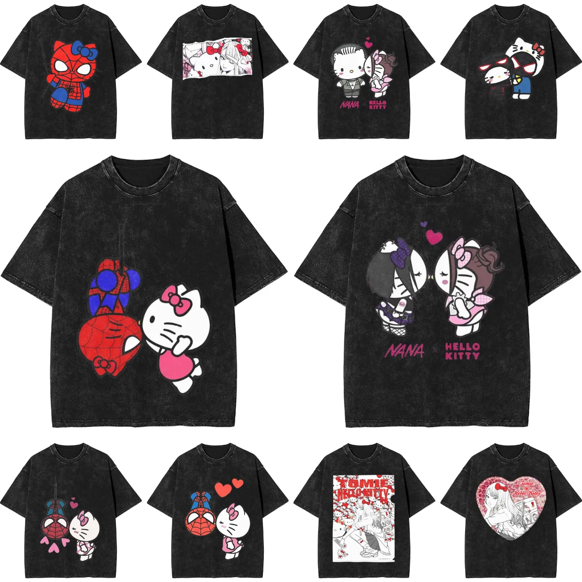 

Spiderman Hello Kitty Kissing T-Shirt Simple T-Shirts Short Sleeve Y2K Classic Tops Summer Cotton O-Neck Plus Size Tees