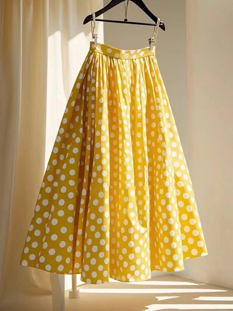 

Художественная юбка-миди трапециевидной формы с принтом в горошек, женская ранняя осень, свободный крой, с высокой талией, утягивающий марлевый материал, для поездок на работу