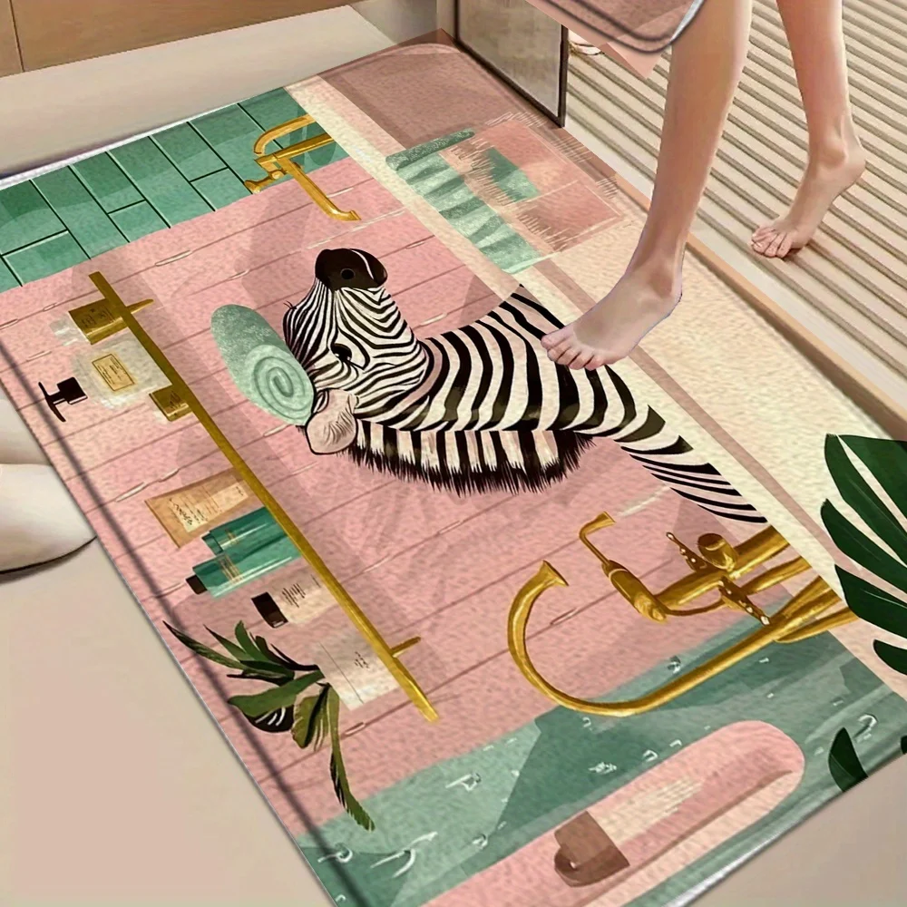 Zebra in the Bath Humorous Floor Mat Creative Animal Design  Flannel Non Slip Rug for Bathroom Living Room Welcome Doormat