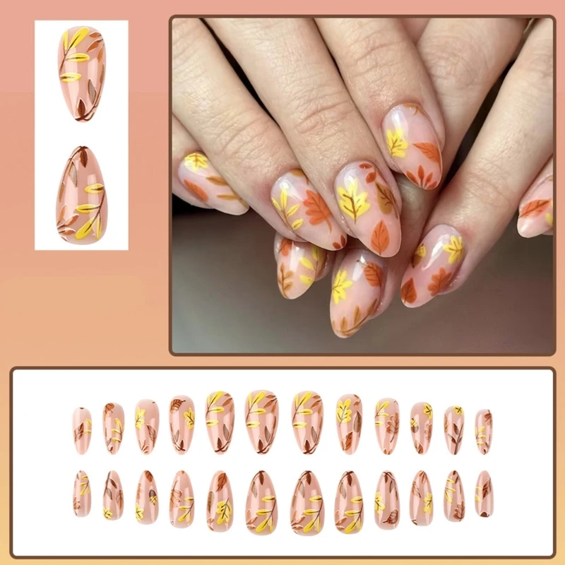 

24 шт., миндалевидные накладные ногти с акцентом в виде кленового листа для женщин, украшение для ногтей на День Благодарения,