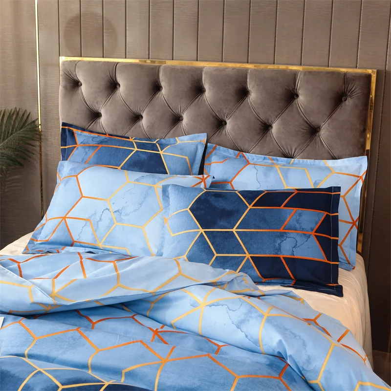 Set copripiumino blu, copripiumino di lusso geometrico 3 pezzi, Set di biancheria da letto in oro dorato con diamante a nido d\'ape blu con cerniera