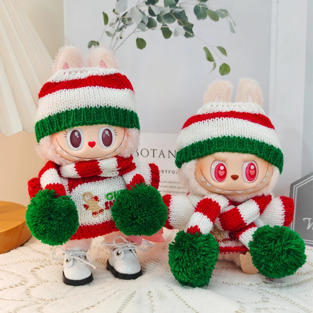 Mini Plush ตุ๊กตาเสื้อผ้าสําหรับ Labubu คริสต์มาสถักเสื้อกันหนาวตุ๊กตาเสื้อผ้าชุดอุปกรณ์เสริมสําหรับของขวัญเด็ก