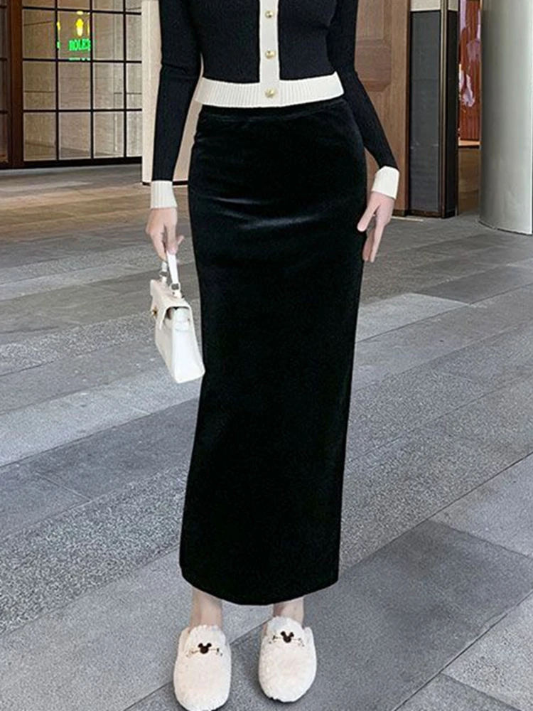 

Winter Long Velvet Black Skirts For Women Streetwear Elastic Waist Faldas Korean Y2k Clothing Oversized Office Ladies Midi Skirt
