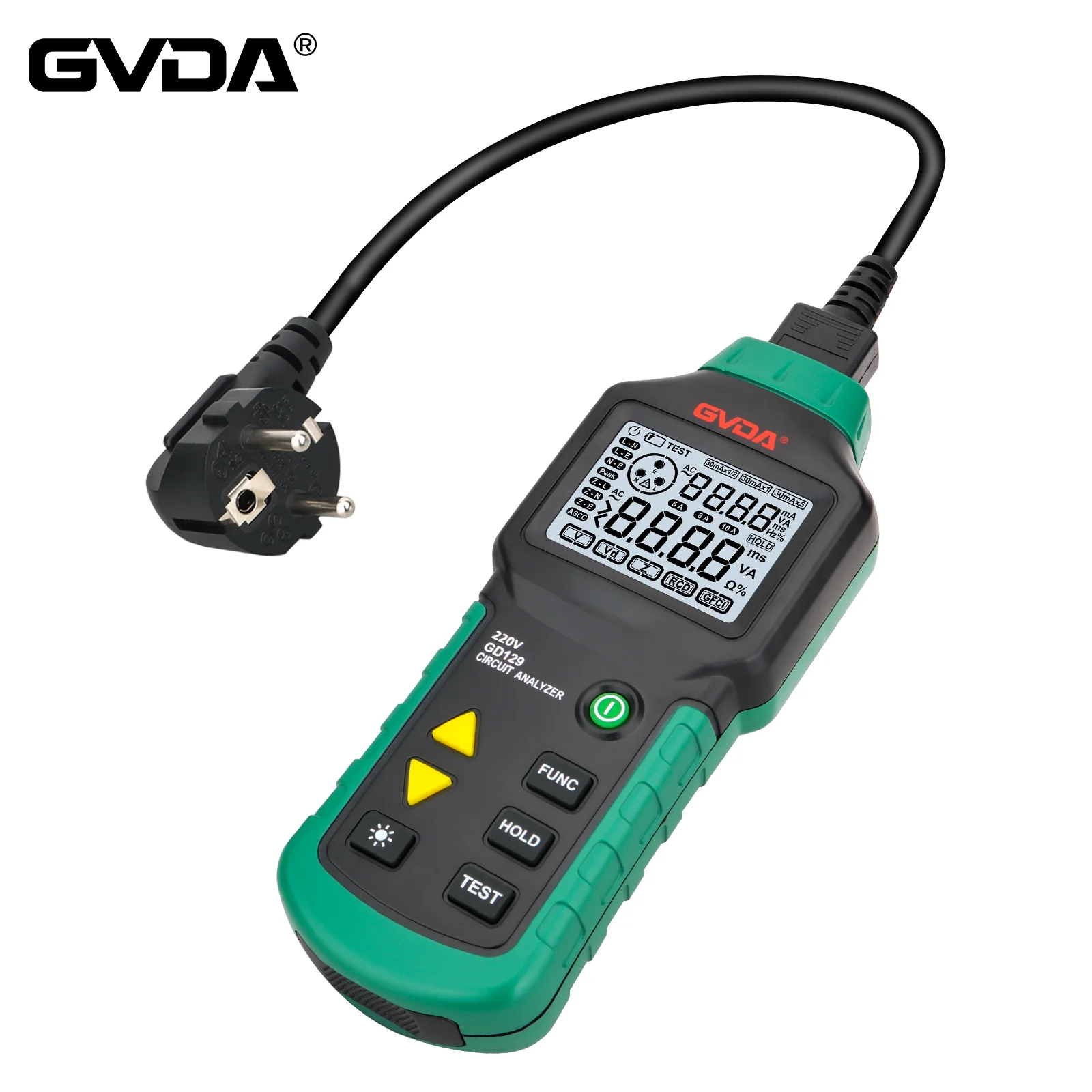 GVDA Digital Circuit Analyzer RCD GFCI Tester Electrical Socket Tester Line Fault Test Device with LCD Short Circuit Finder