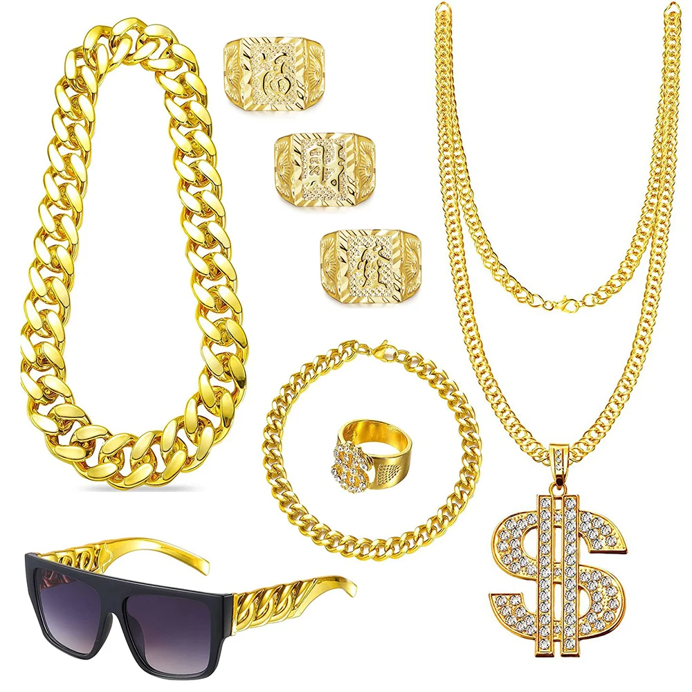 FTCY 80s 90s Accessories Outfit for Men Hip Hop Costume Kit Old School Rapper Gold Color Dollar Rope Chain Ring Party Jewelry
