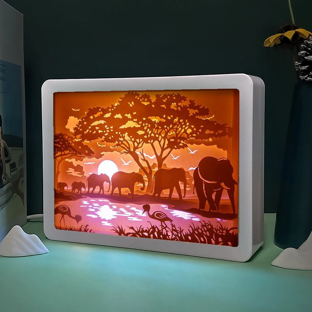 Imagem -04 - Anime Elefante Papel Corte Caixa de Luz Caixa de Sombra Frame Nightlight Led Room Light Usb Desk Lamp Decoração Kids Presentes