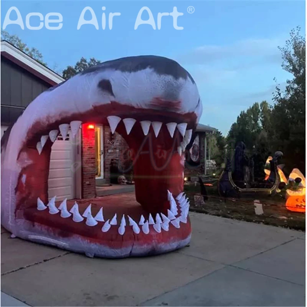 Inflatable Shark Mouth Arch Tunnel Cartoon Model Blow up Air Shark Entrance Tent for Halloween Events Party Ocean Theme Decor