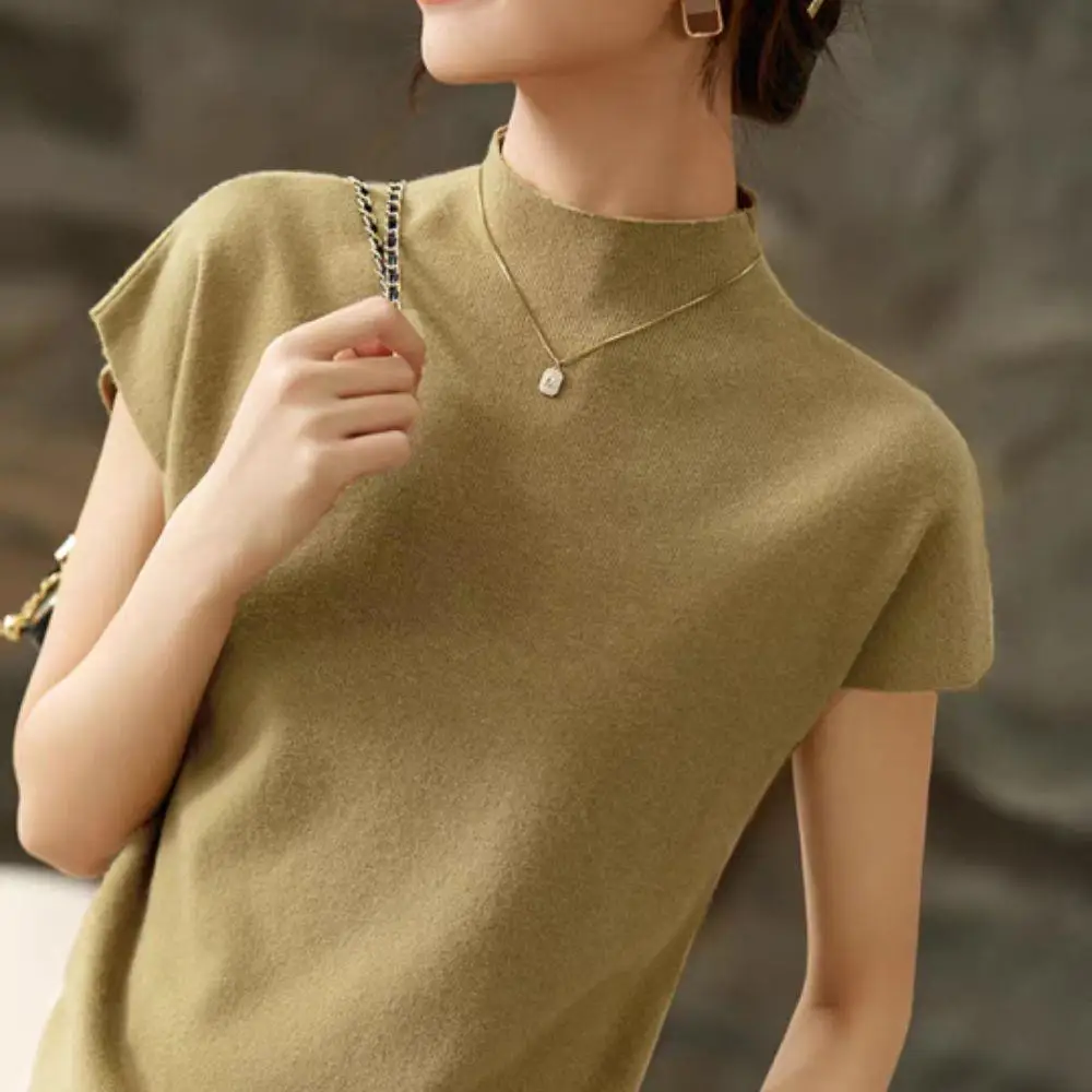 

2025 Autumn Solid Stand-up Collar Knitted Blouse Vest Short Sleeve Lady Casual Shirt Elegant Long Sleeve Tops Woman Clothing