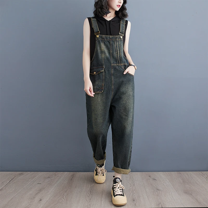 Vintage Sle Denim Overalls Frauen Sommer plus Größe Harlan Lose Arbeitskleidung Einteilige Hosen Hohe Taille Helle Farbe Neun-stück