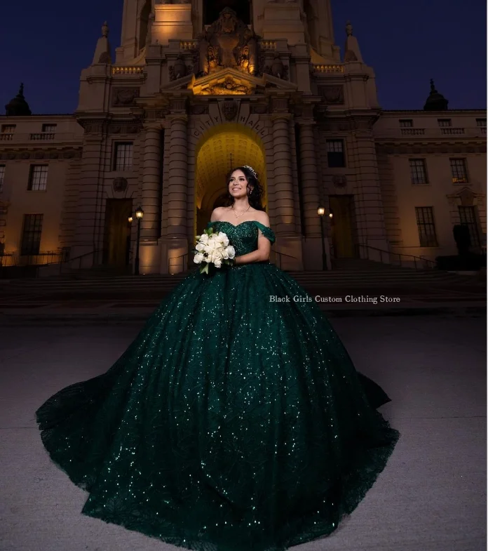 Vestidos de Quinceañera de princesa Esmeralda, exquisitos vestidos de lentejuelas de encaje de un hombro, vestido de graduación mexicano, tren de la catedral de xv