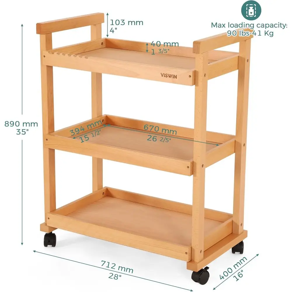 3-poziomowy wózek na kółkach z drewna bukowego do przechowywania w studio, klasie i dla artystów
