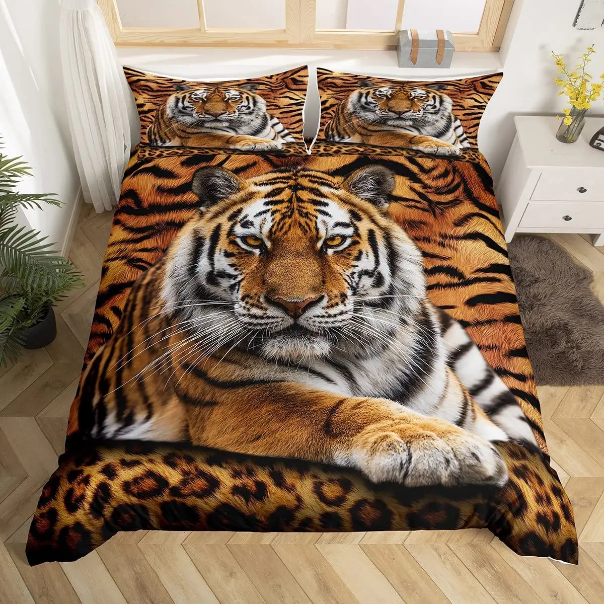 Tiger 3D Print Duvet Cover Set, King Wild Animals Skin Pattern Queen Bedding Set 3pcs for Kids Boys Girls Teens Men Room Decor