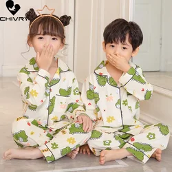 New 2022 Kids Boys Girls Pajamas Casual Cartoon Long Sleeve Lapel Shirt Tops with Pants Baby Summer Loose Sleeping Homewear