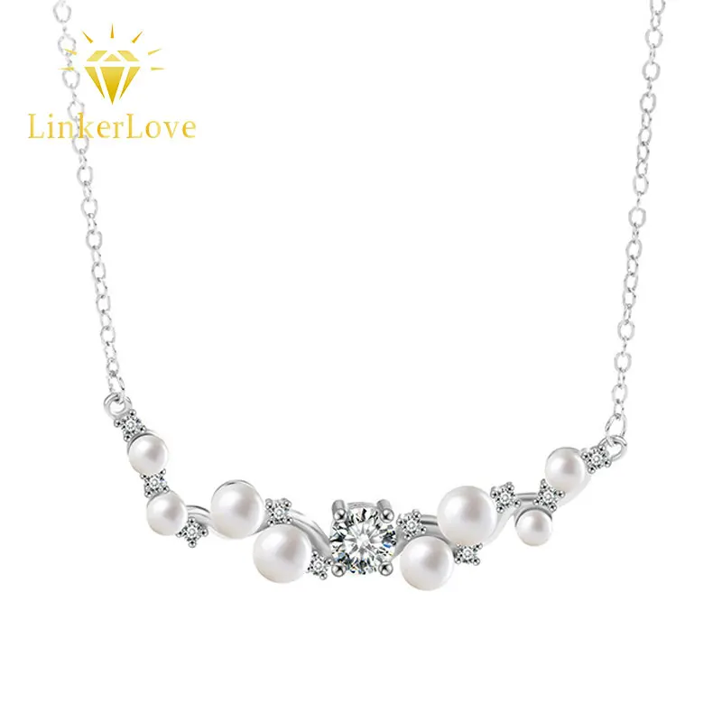 

LinkerLove S925 Silver Moissanite and Pearl Smile Pendant Necklace for Women White Gold Plated Fine Jewelry Bridal Wedding Gift