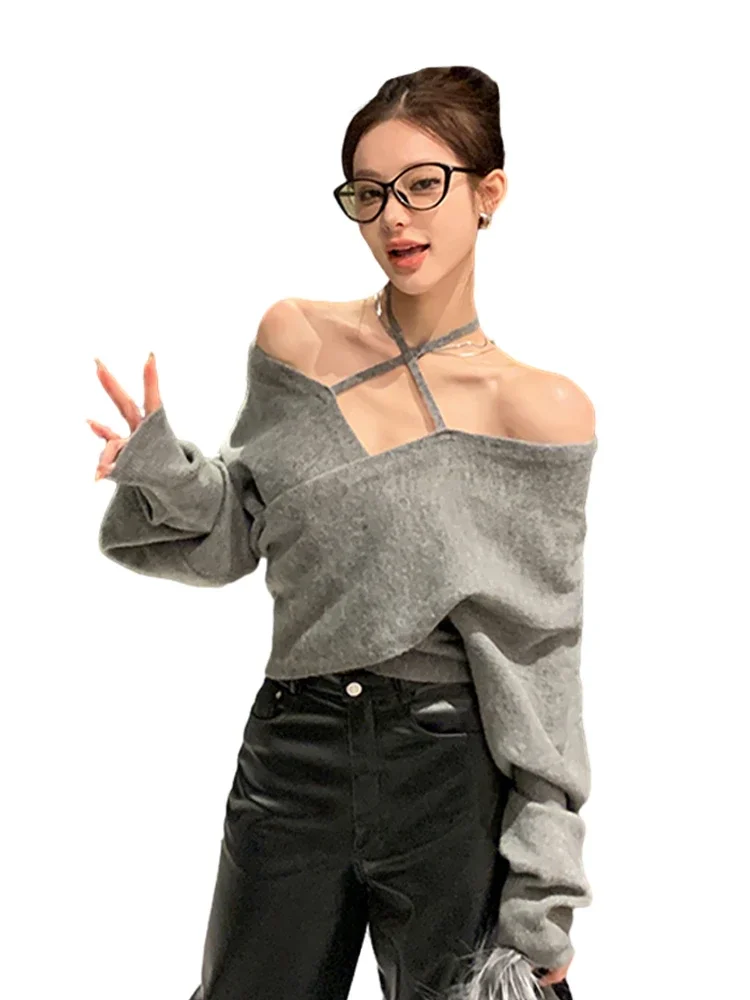 Women\'s Grey Slash Neck Pullover Knitted Sweater Vintage Harajuku Korean Fashion Y2k 90s Jumper Sweater Emo 2000s Clothes Autumn