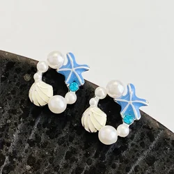 Ocean Element Starfish Shell Earrings for Women Lovely Imitation Pearl Stud Earrings Trendy Accessories Summer Holiday Item 2024