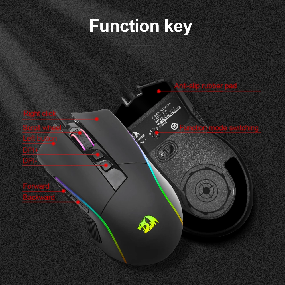 REDRAGON-ratón Gaming Lonewolf G105 RGB, con cable USB, 8000 DPI, 8 botones, ergonómico, programable, para ordenador portátil y PC