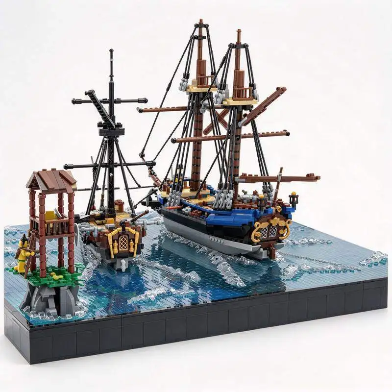 6562PCS MOC Big Four In One Pirate Ship Battle Diorama Sea Scene Building Blocks Model Kit DIY Assembly Display Collection Gift