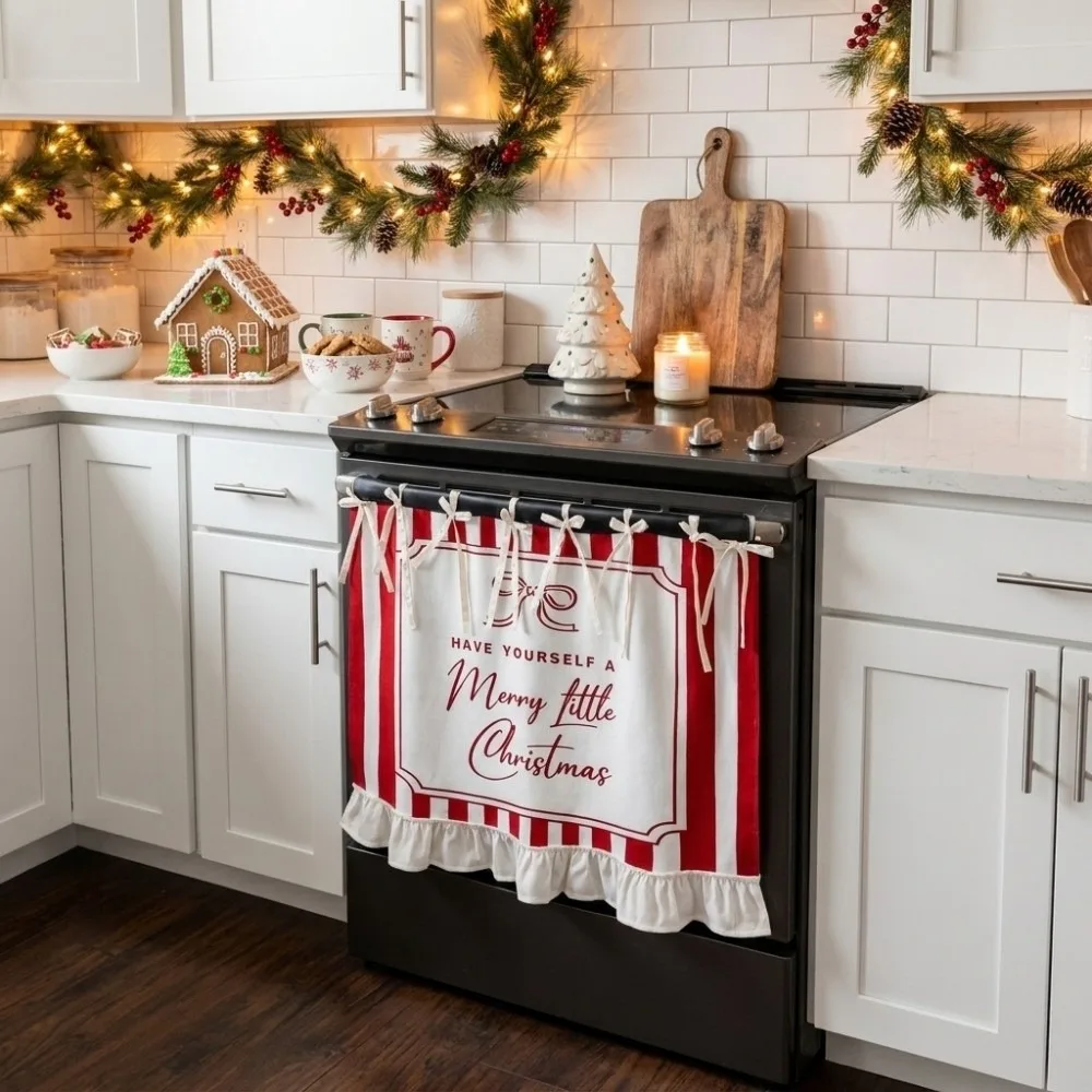 Durable Xmas Oven Decor Curtain Printed Pattern Ribbon Ties Appliance Cover Bow Plaid Kitchen Decor Protective Curtain Festival