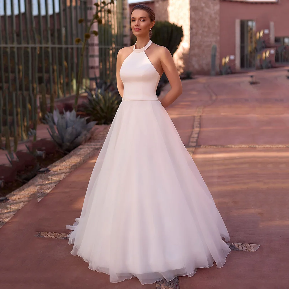 

2025 Halter Neck Wedding Dresses Simple Wedding Gown Backless A-Line Bridal Gown Tulle Women Brides dresses Customized