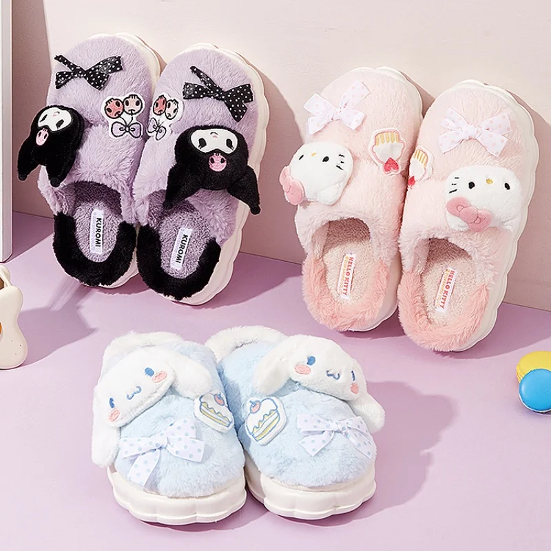 MINISO cotton slippers Sanliou cute Kuromi Hello Kitty Cinnamoroll plush home kitty half pack slippers female winter Christmas