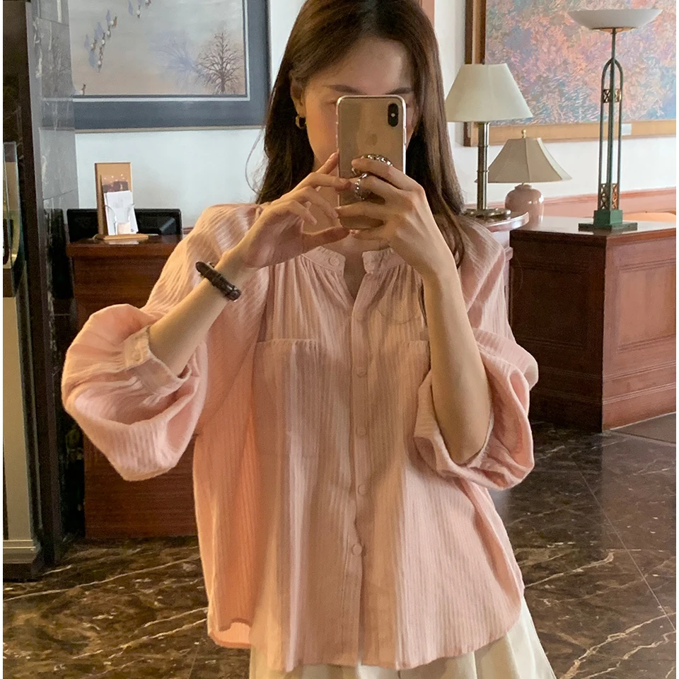 Early Autumn Casual round Neck Stripe Korean Style Shirt Half Open Collar Top Women's Straight Cut Lantern Sleeve Shirt