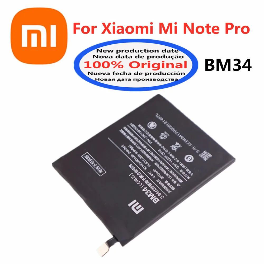 

100% Orginal BM34 Battery For Xiaomi Mi Note Pro 4GB RAM High Quality Phone Replacement Batteries Battery 3090mAh + Free Tools