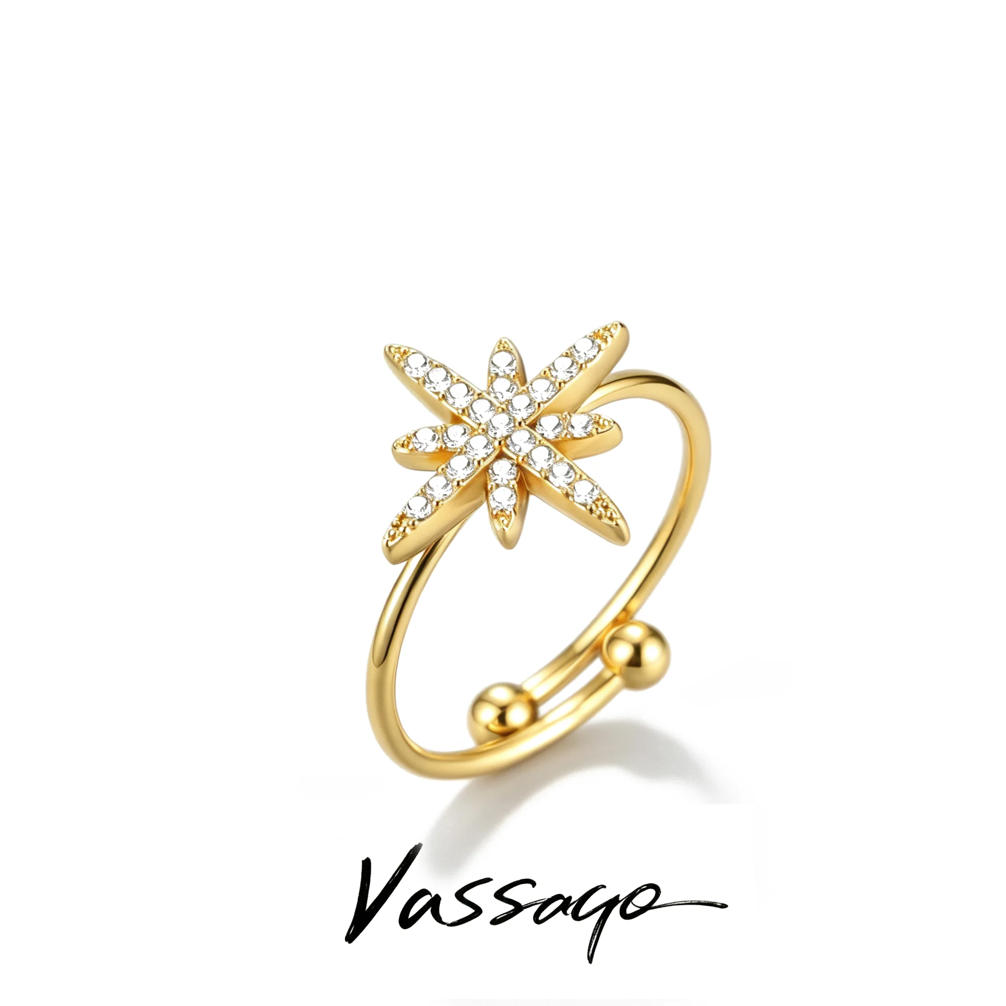 VASSAGO North Star Zircon Ring Eight Point Star Open Adjustable Stainless Steel Dainty Celestial Stackable Finger Women Jewelry