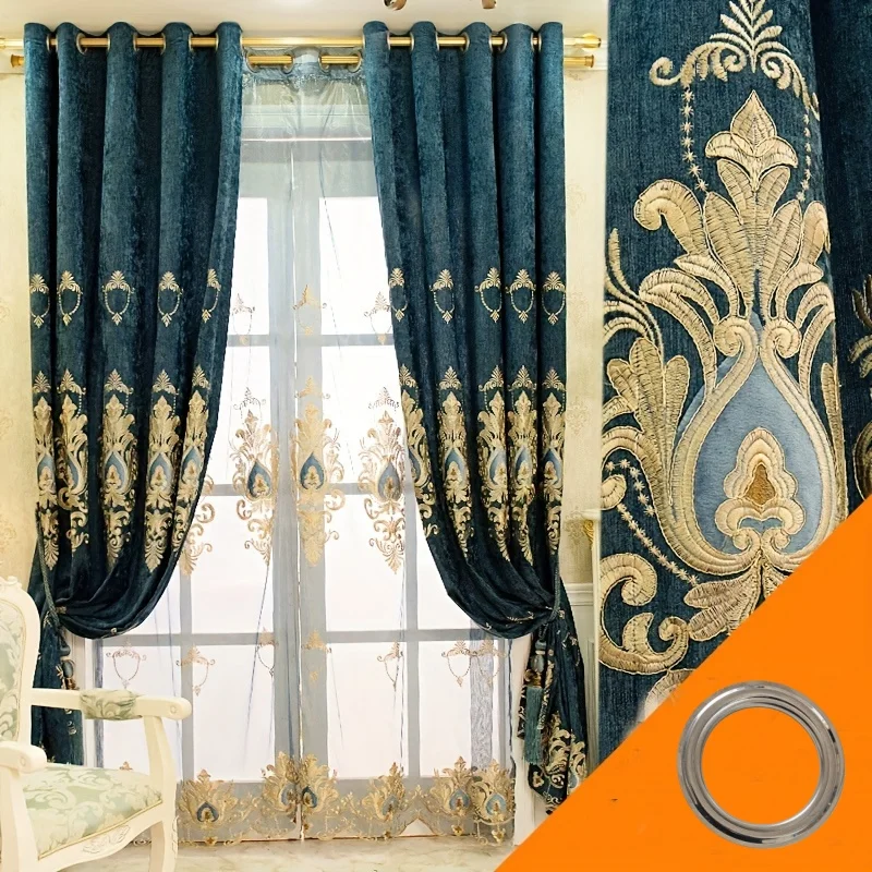 

High Light Blocking Embroidered Curtain, European Luxury Vintage Style, Living Room Bedroom Partition, Cloth and Mesh Integrated