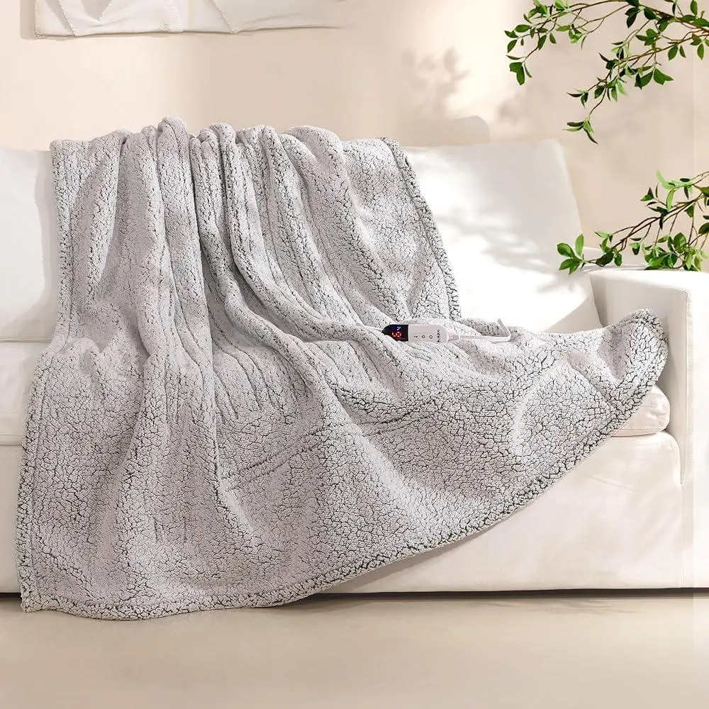 Electric Heated Blanket Soft Sherpa 6 Temperature Levels Auto-Off Overheat Protection Digital Display Cozy Throw Bed Sofa Office