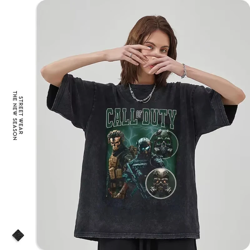 Call of Duty Ghost T-shirt Vintage Washed Simon Riley T Shirt Streetwear Pc Game Short Sleeve Casual Harajuku Tops Tees Men