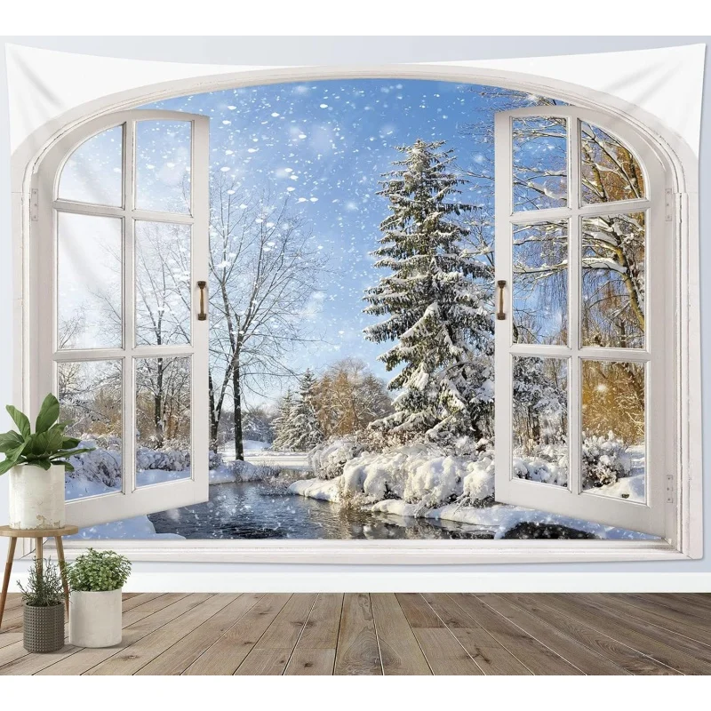 

Winter Forest Tapestry Wall Hanging Window Snow View Pine Tree River Natural Landscape Bedroom Living Room Decoration