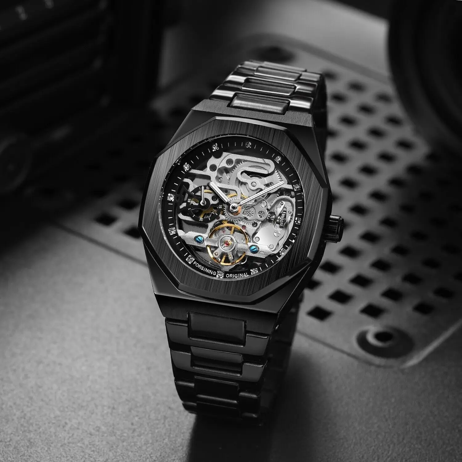 Mens Business Mechanical Watch Black Skeleton Stainless Steel Automatic Self Winding Luxury Brand Wristwatch Nice Gift