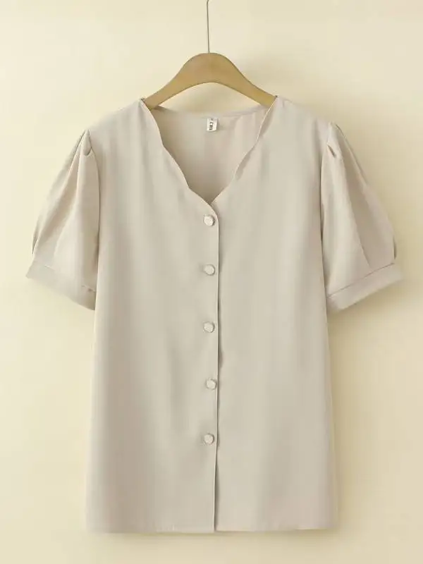 plus Size Women's V-Ne ort Sve Button-Up irt Lace Trim Summer Top Loose Fit Commute Sle Polyester Fiber