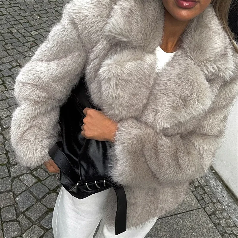 Nowa Zimowa Ciepła Damska Kurtka ze Sztucznego Futra Wygodny Kołnierz Garniturowy Kieszenie Ekologiczny Płaszcz z Futra dla Kobiet Elegancka Damska Kurtka ze Sztucznego Futra