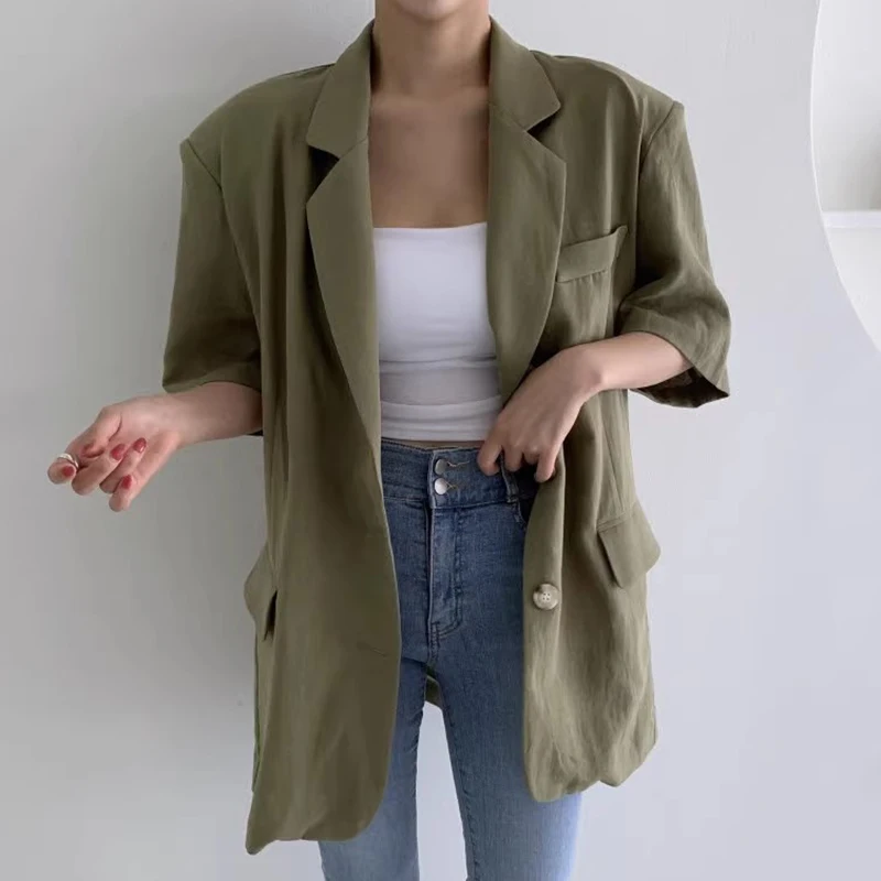 

SuperAen 2024 Korean Chic Summer Retro High-end Single Breasted Loose Casual Pocket Short Sleeved Blazer