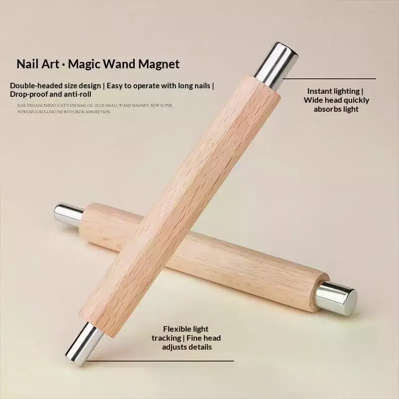 Multifunctional Strong Cat's Eye Magnet Wooden Handle Cylindrical UV/LED Gel Magnet Tool Double Head Nail Art Tool