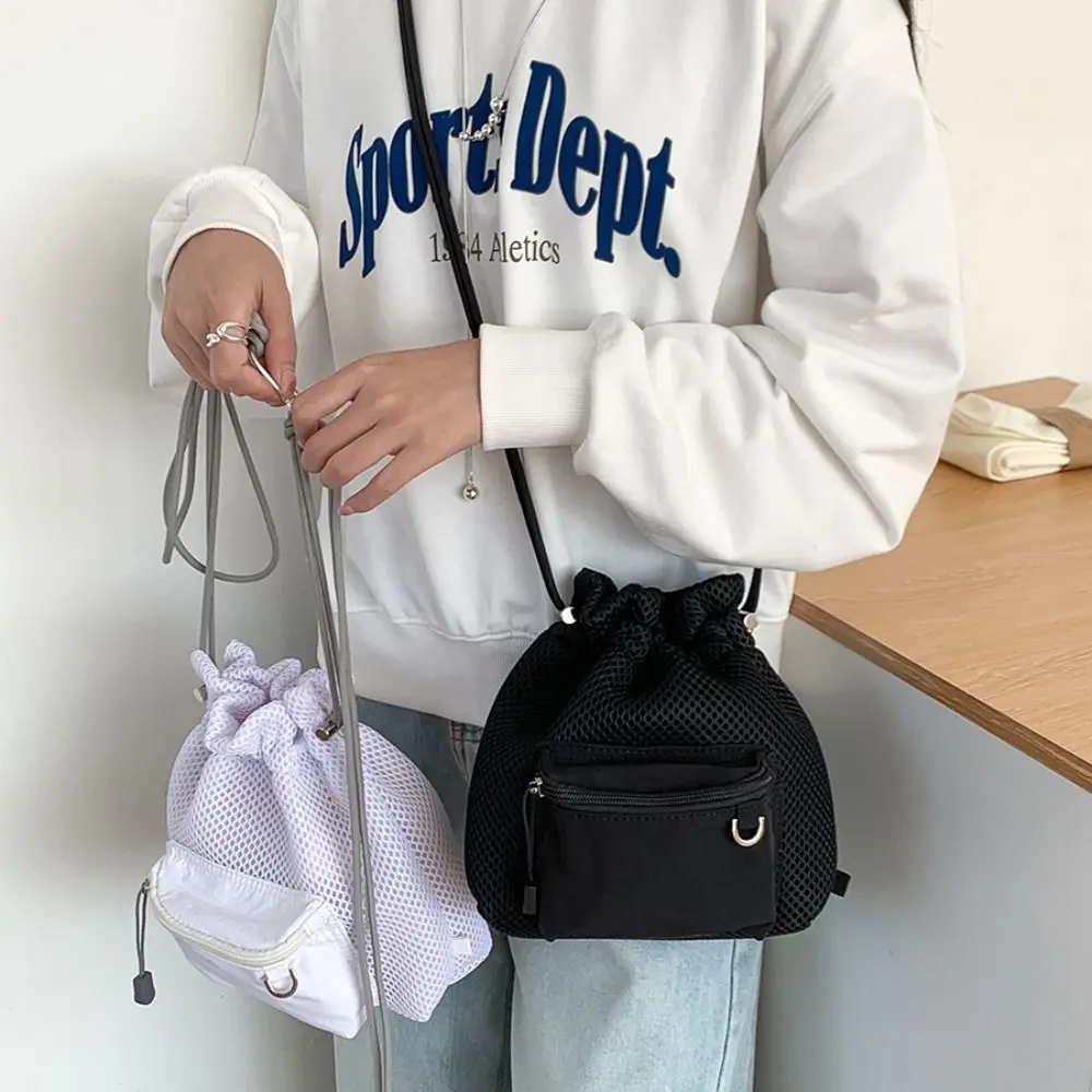

Korean Style Drawstring Bucket Bag Purse Handbag Folded Nylon Shoulder Bag Solid Color Mobile Phone Bag Small Crossbody Bag