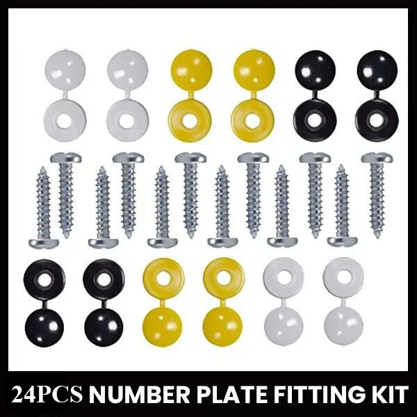 

12 X Number Plate Car Fixing Fitting Kit Screws & Caps Hinged Black Yellow White