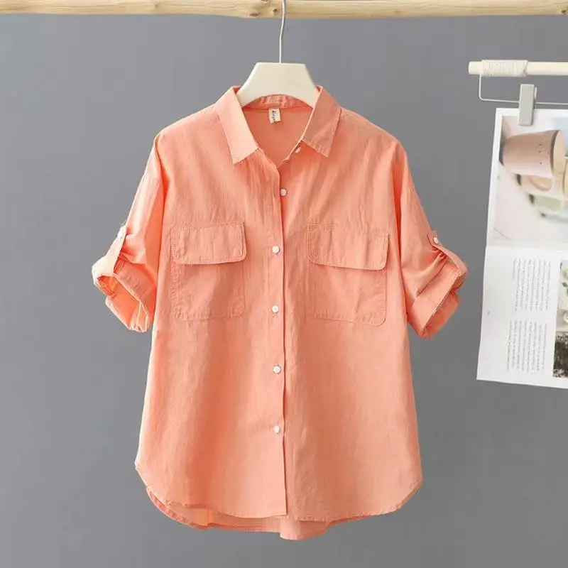 100% Pure Cotton Short Sleeved Solid Color Shirt for Women\'s 2024 Summer New Outerwear Shirt Design Loose and Thin Top