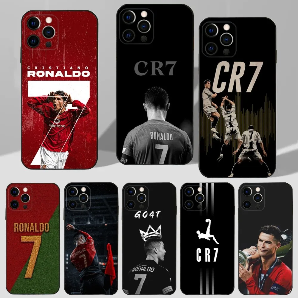 Football CR7 Phone Case For iPhone 16,15,14,13,12,11 Plus,Pro Max,XS,X,XR,SE,Mini,8,7plus,R-Ronaldo,Soft Silicone,Black Cover