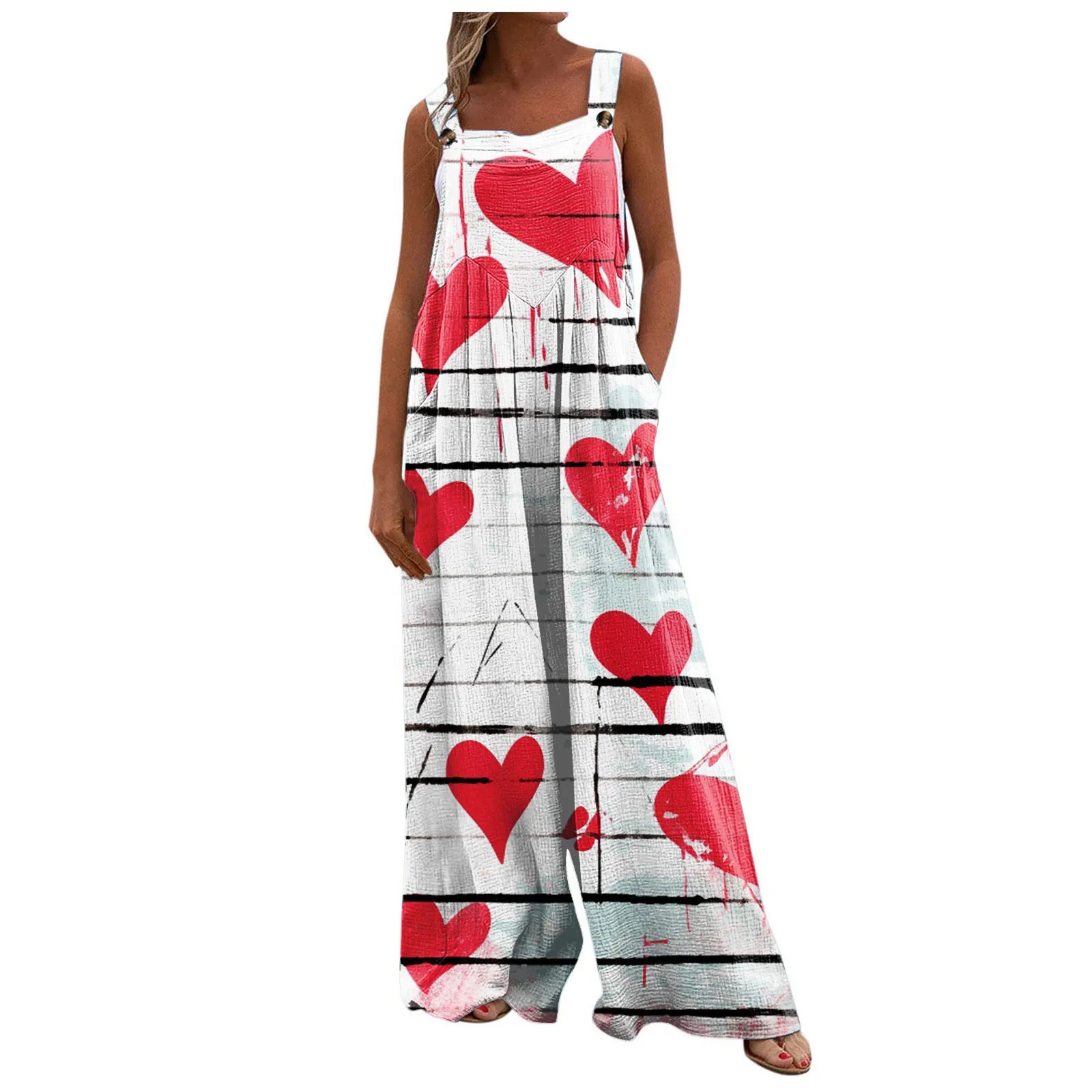 

Wide Leg Overalls Women Casual Loose Sleeveless Jumpsuits Valentine'S Day Print Button Long Pant Romper Jumpsuit With Pockets